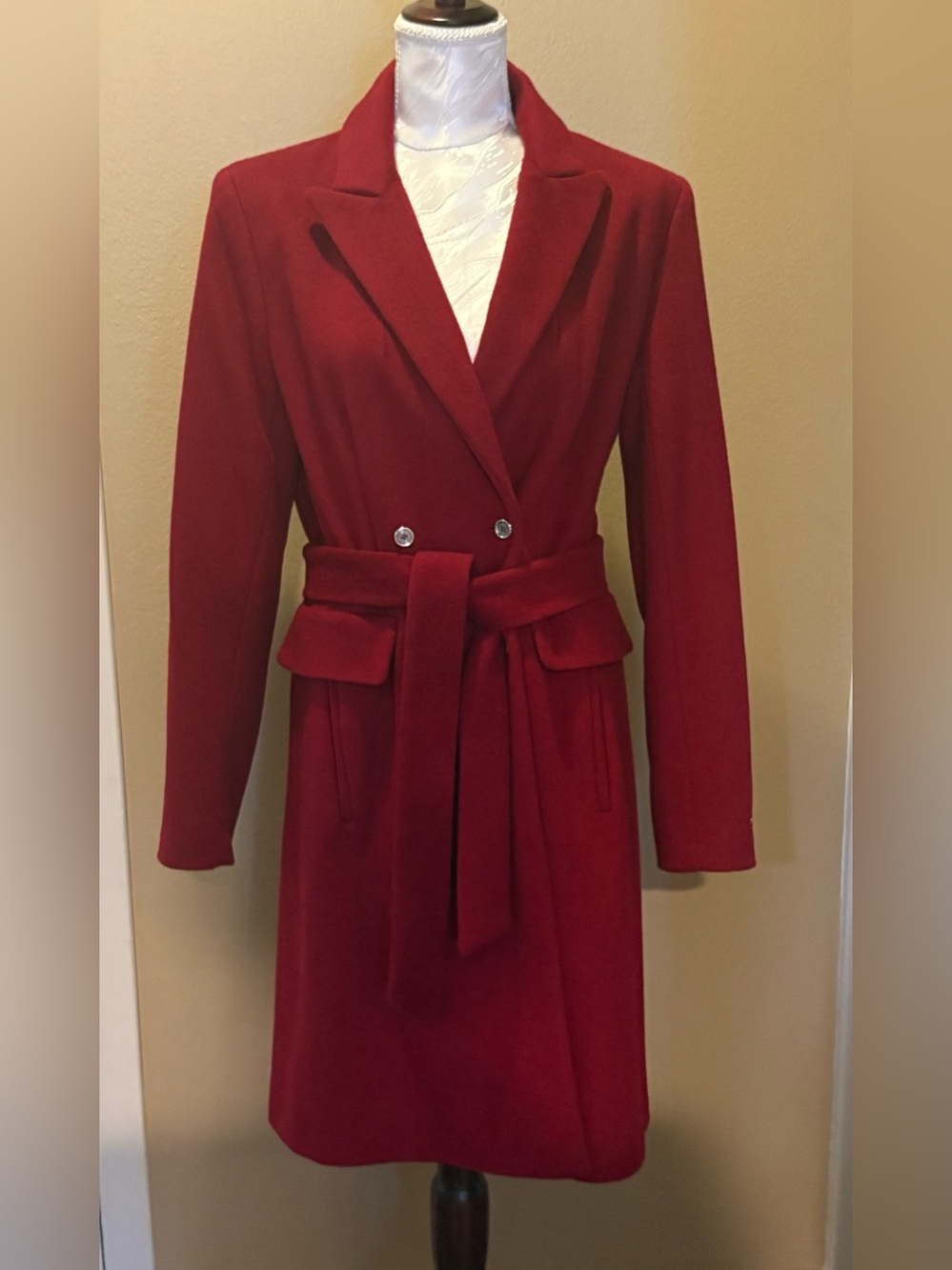 Calvin Klein Women's Red Belted Wool-Blend Trench Coat